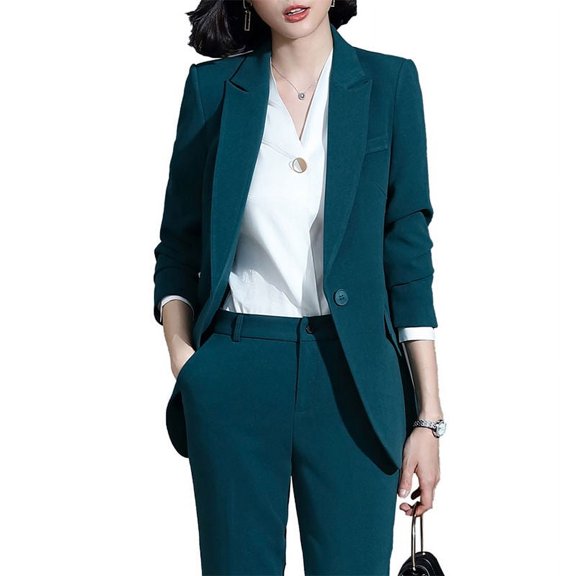 HIGH QUALITY; Green Single Button 2 Piece Suit Set for Women Ankle-length Solid Pant Suit Work Wear Office Lady Style