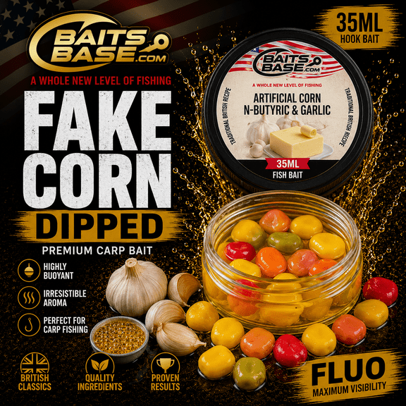 BaitsBase Floating Artificial Corn for Carp Fishing  N-Butyric Acid & Garlic Hook Bait  High Visibility Fluoro Fake Corn  Carp, Catfish & Coarse Fishing Bait  35ml