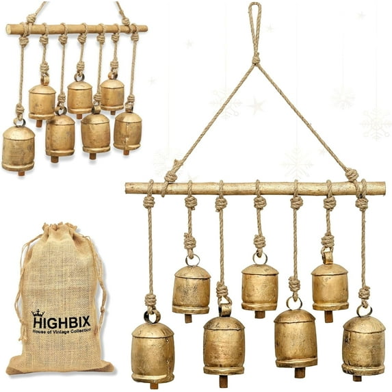 HIGHBIX 7 Bell Hanging on Wood – Vintage Rustic Wall Decor – Shabby Chic Handmade Iron Bells for Home, Garden, or Festive Decoration
