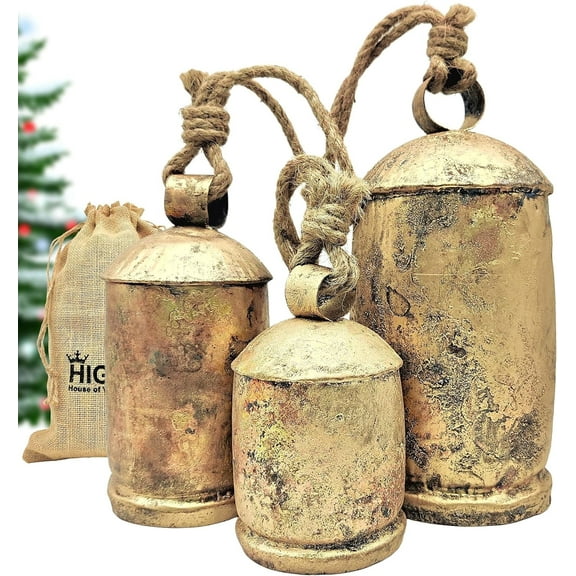 HIGHBIX Set of 3 Giant Harmony Cow Bells Huge Vintage Handmade Rustic Lucky Christmas Hanging XL Bells On Rope (Country Rustic, X-Large)