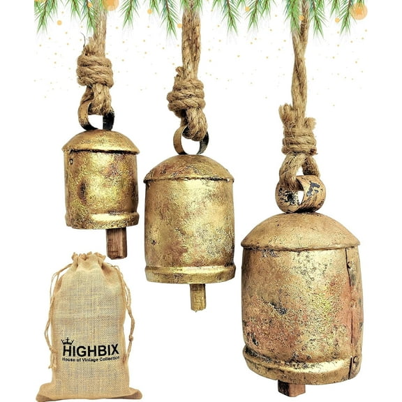 HIGHBIX Set of 3 Harmony Cow Bells Vintage Handmade Rustic Lucky Christmas Hanging Bells On Rope