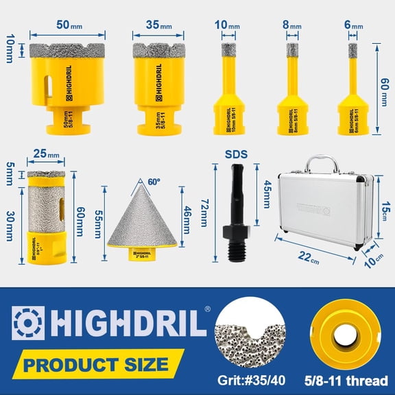 HIGHDRIL Diamond Drill Bits Kit - 6/8/10/35/50mm/25mm Finger Bit+50mm Chamfer Bit+SDS Adapter with 5/8-11 Thread for Porcelain Ceramic Tile Granite Marble Brick