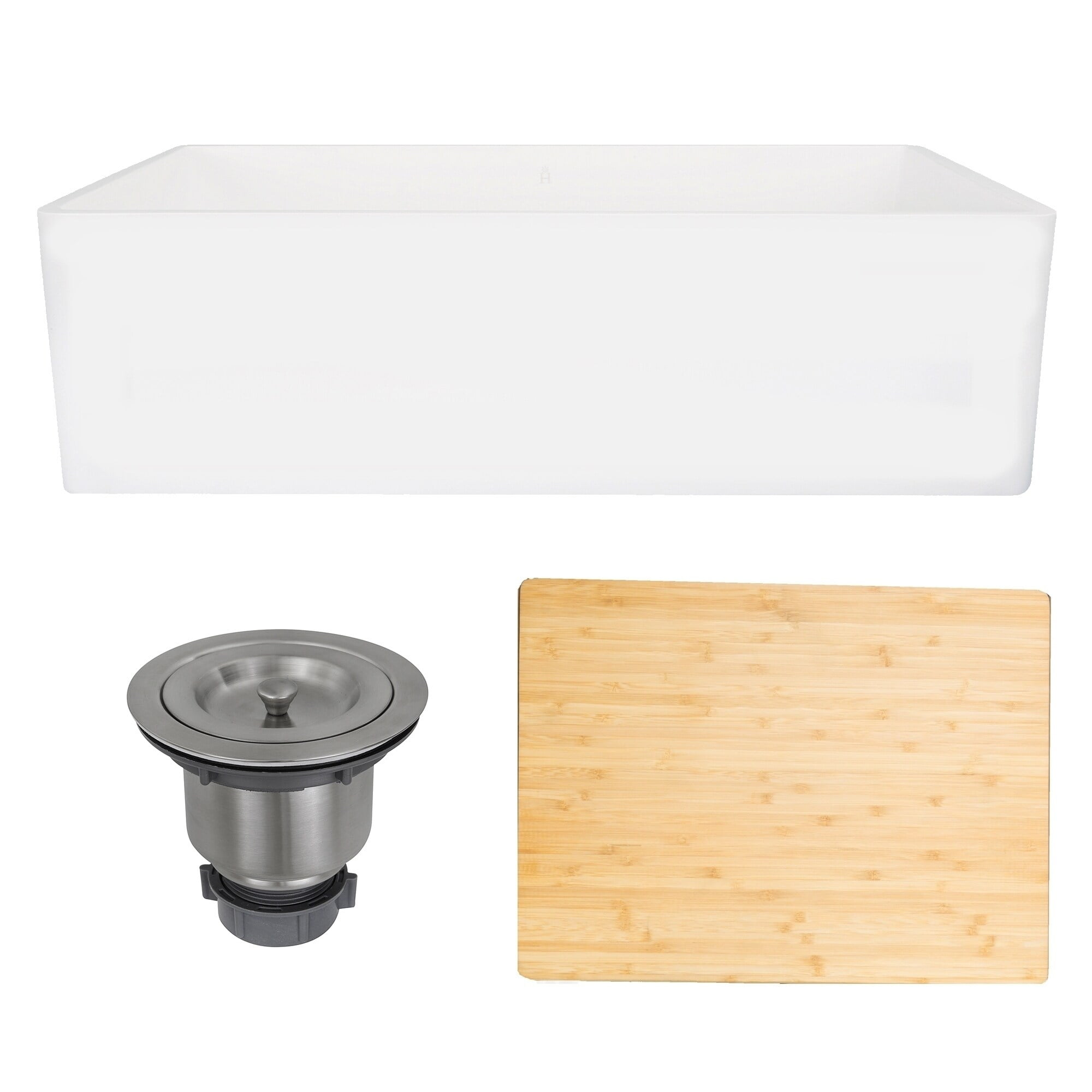 White Solid Surface 36-Inch Farmhouse Sink with Bamboo Cutting Board