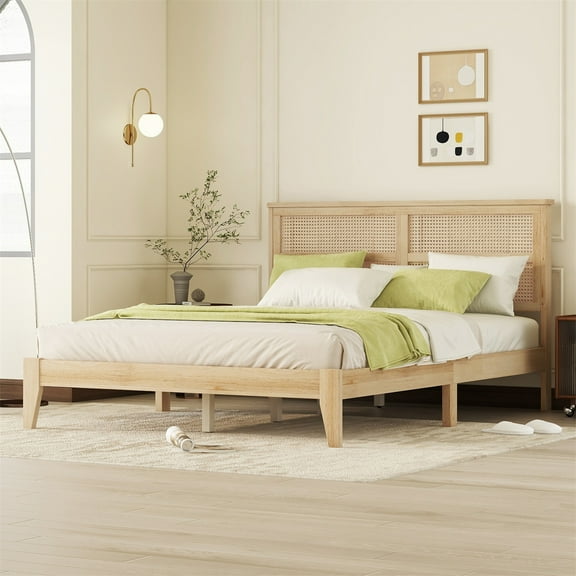 HIGHSOUND Queen Platform Bed Frame with Headboard, No Box Spring Needed, Oak White