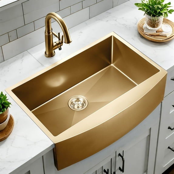HIGOLD 33 inch Apron Sink, Deep Bowl Farmhouse Sink, Nano Stainless Steel PVD Gold, 33"×20"×10"