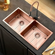 HIGOLD 33 inch Double Bowl Undermount Kitchen Sink, 33"×18"×10" Nano Stainless Steel PVD Rose Gold