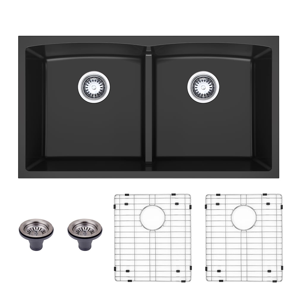 HIGOLD 33 inch Double Equal Bowl Quartz Kitchen Sink in Black, Undermount Farmhouse Sink, 33"18"9"