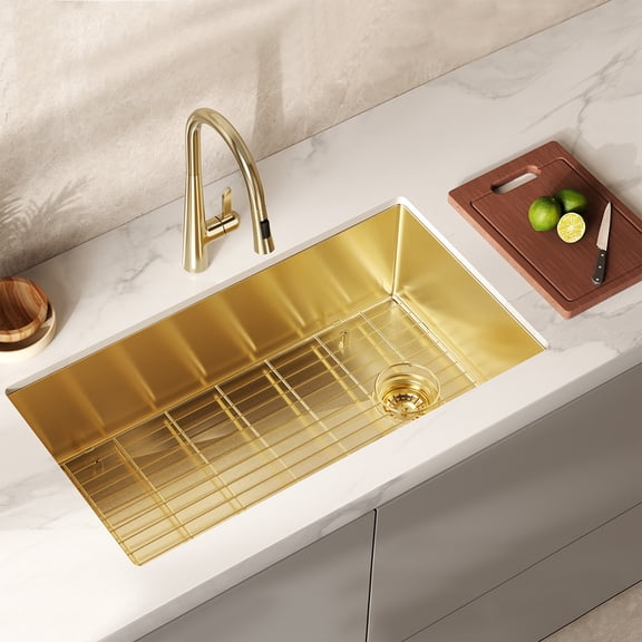 HIGOLD 33 inch Single Bowl Kitchen Sink Undermount,Stainless Steel Nano Sink, PVD Gold 33"×18"×10"