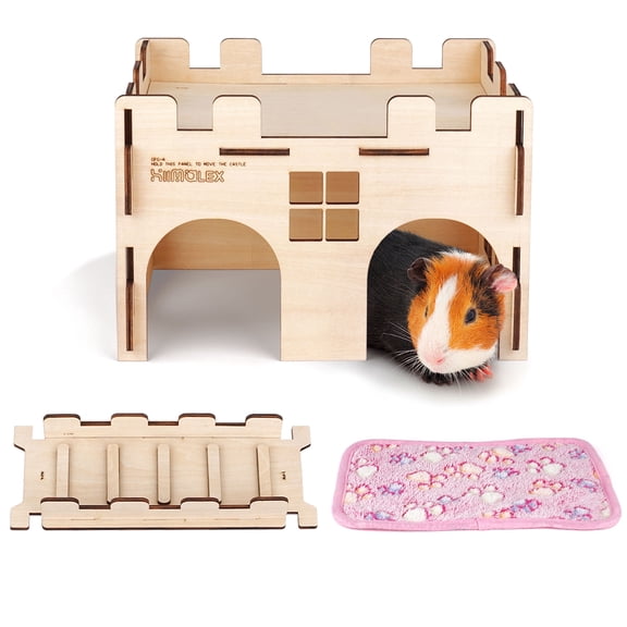 HIIMALEX Sturdy Guinea Pig Hideout with Ramp and Plush Bedding Wooden Castle for Guinea Pig Chinchilla Hedgehog Gerbil Hamster Rat House Habitat for Playing and Hiding