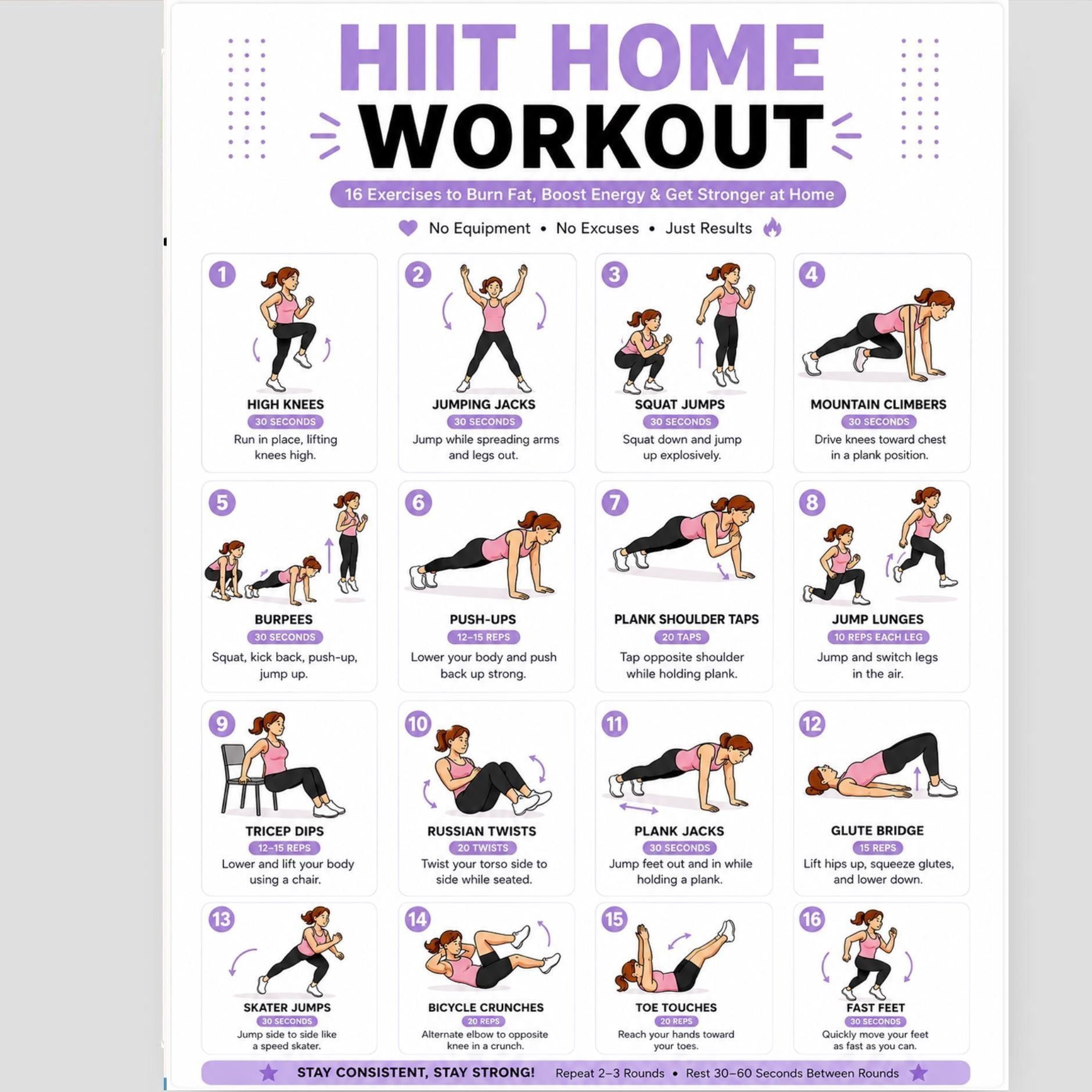 HIIT Workout Sixteen Exercise Poster High Intensity Fitness Cardio Full ...