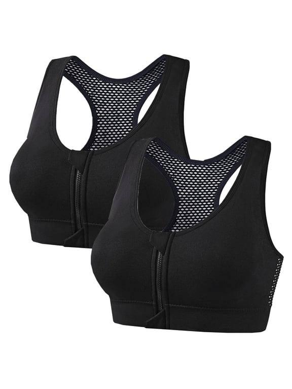 Jelly Bras for Women, Racerback Front Zipper Wireless Sports Bra 2 Pack Push Up Seamless Breathable Solid Color Tank Top Yoga Workout Support
