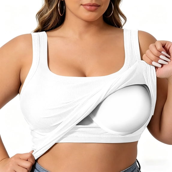 HIJDVDY Padded Plus Size Camisole with Built in Bra Ribbed Front Cross Strap Tank Top Soft Stretch Support Everyday