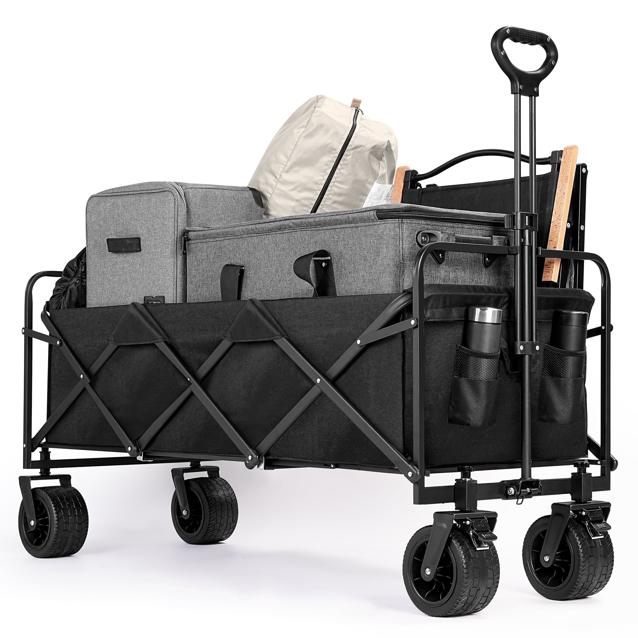 HIJOB 330LBS Heavy Duty Collapsible Wagon Cart with  All-Terrain Wheels & Adjustable Handle, Wagon Cart Foldable for Camping, Garden, Picnics, Beach Trips, Outdoor Events and Shopping, Black