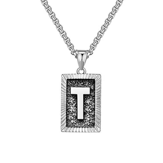 HIJONES 26 Initial Necklace for Men Stainless Steel A to Z Letter Pendant Charm with Chain Silver T