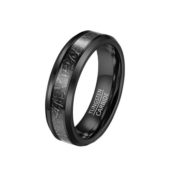 HIJONES 6mm Tungsten Carbide Wedding Band Ring with Imitated Meteorite for Men Women Beveled Edge Black Size 6