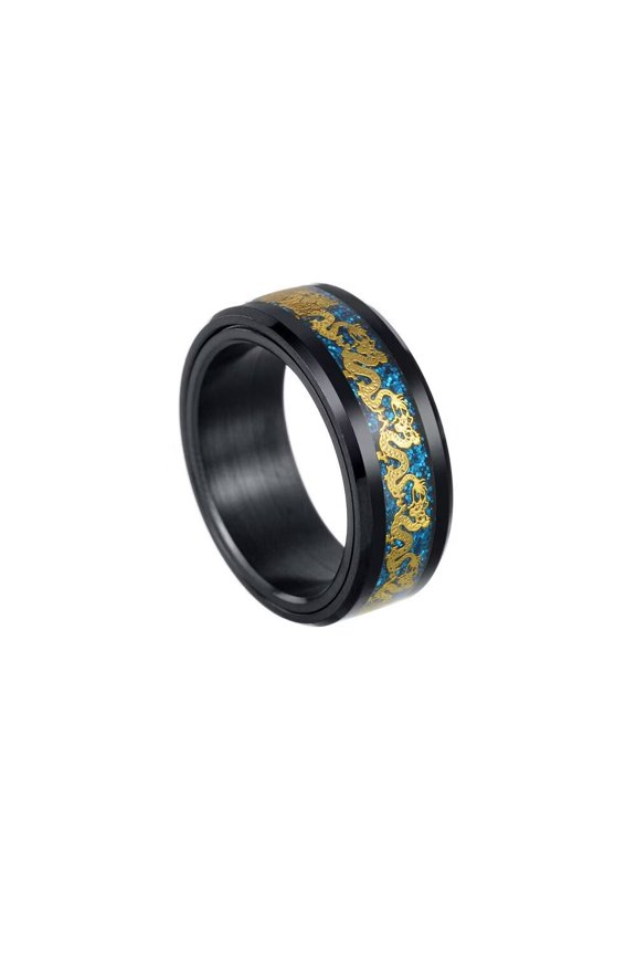 8mm Roatatble Dragon Rings for Men Women Stainless Steel Statement Carbon Fiber Ring Band Hip Hop Finger Jewelry Black Gold Size 7