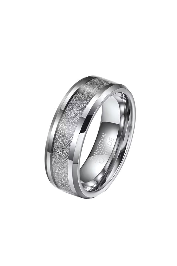 8mm Tungsten Carbide Wedding Band Ring with Imitated Meteorite for Men Women Beveled Edge Silver Size 9