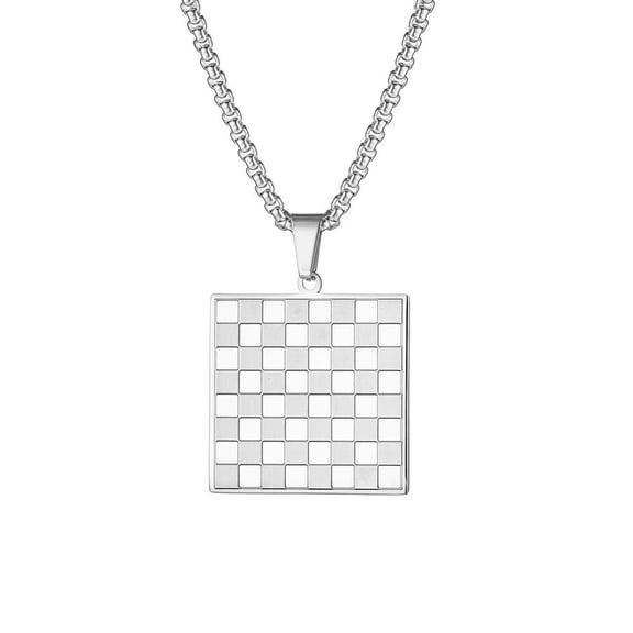 HIJONES Chess Board Pendant Necklace for Women Men Stainless Steel Personalized Chain Link Jewelry Silver