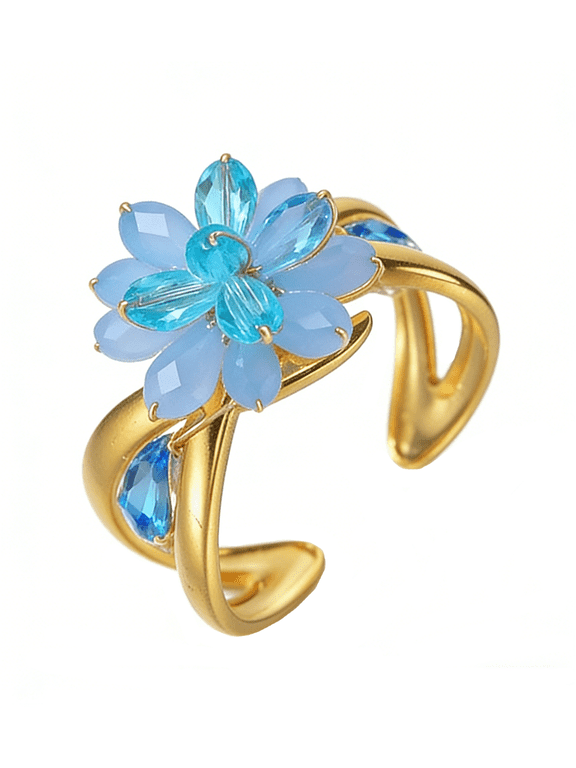 Cubic Zirconia Flower Adjustable Band Ring for Women Elegant Jewelry for Daily Special Occasions Blue