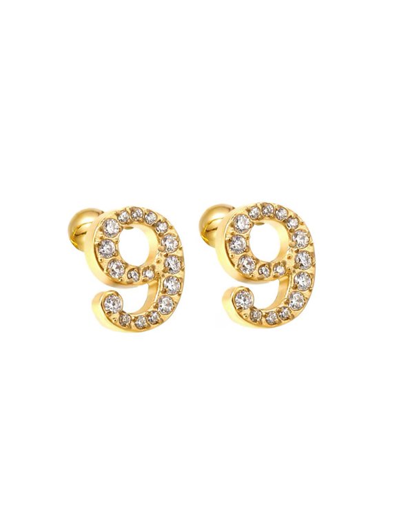 Cubic Zirconia Number Stud Earrings for Women Elegant Ear Gold 9