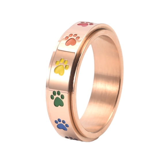 HIJONES Cute Colorful Paw Print Ring for Women Stainless Steel Pet Lovers Warm Healing Companionship Band Rosegold-Rainbow Size 11