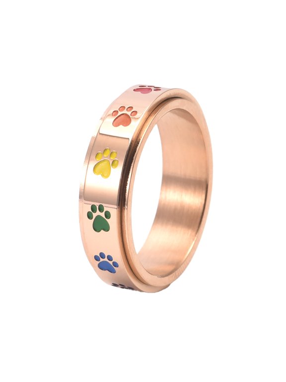 Cute Colorful Paw Print Ring for Women Stainless Steel Pet Lovers Warm Healing Companionship Band Rosegold-Rainbow Size 9