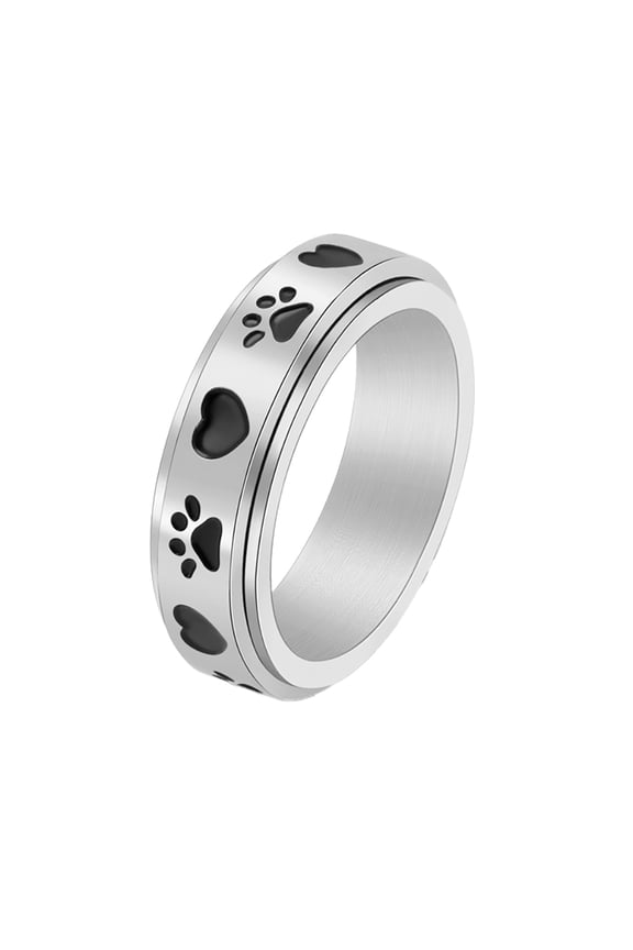 Cute Colorful Paw Print Ring for Women Stainless Steel Pet Lovers Warm Healing Companionship Band Silver-Black Size 12