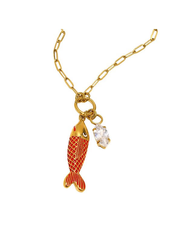 Dripping Fish Necklace for Women Stainless Steel Zirconia Pendant Jewelry Chain Red