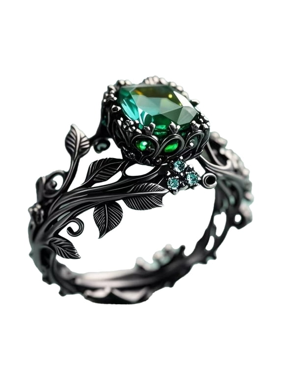 Fantasy Forest Vine Ring for Women Stainless Steel Baroque Mysterious Elf Cubic Zirconia Band Black Size 7