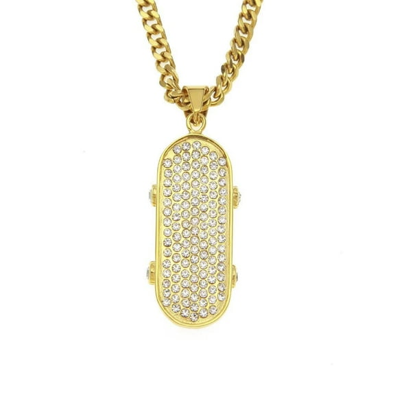 HIJONES Full Diamond Skateboard Necklace for Women Men Stainless Steel Vintage Hip Hop Scooter Pendant Jewelry Chain Gold