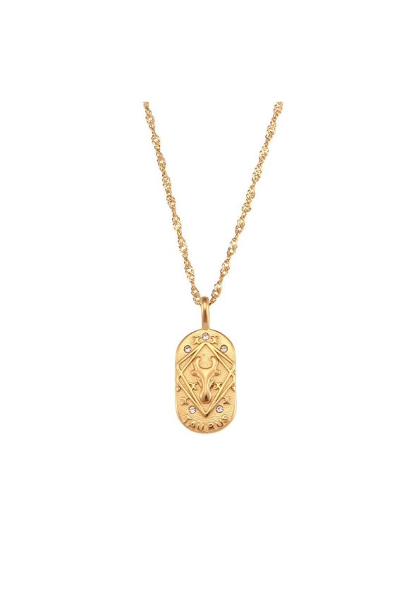 Gold Plated Zodiac Sign Pendant Necklace for Women 12 Constellation Cubic Zircon Pendant Stainless Steel Link Chain Taurus