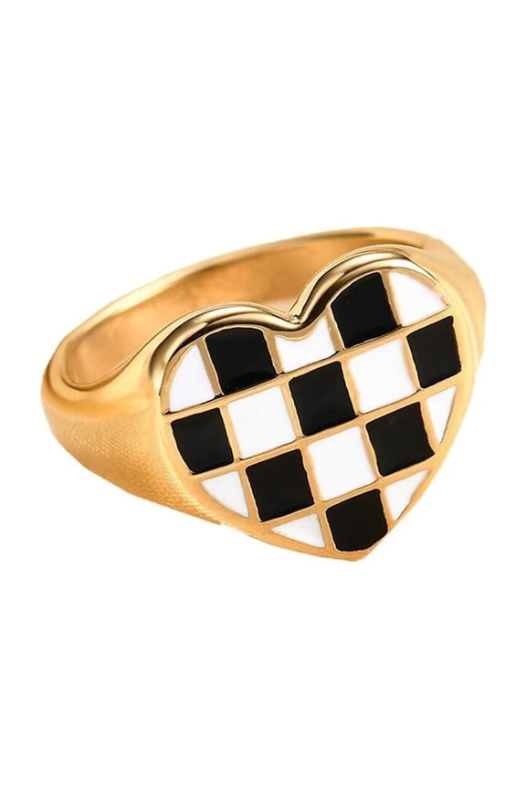 Heart Shaped Racing Flags Ring for Men Women Checkerboard Stainless Steel Punk Gothic Ring Personalized Hip Hop Ring Band Jewelry Black Size 9