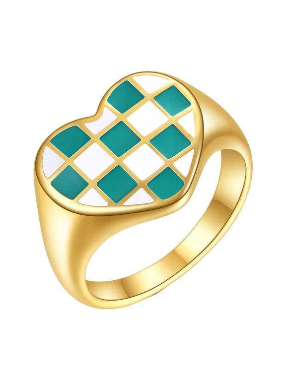 Heart Shaped Racing Flags Ring for Men Women Checkerboard Stainless Steel Punk Gothic Ring Personalized Hip Hop Ring Band Jewelry Blue Size 6