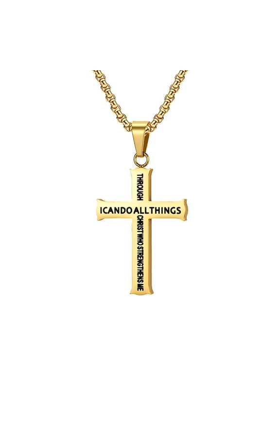 I Can Do Cross Pendant for Men Stainless Steel Inspirational Strength Declaration Necklace Gold with Chain