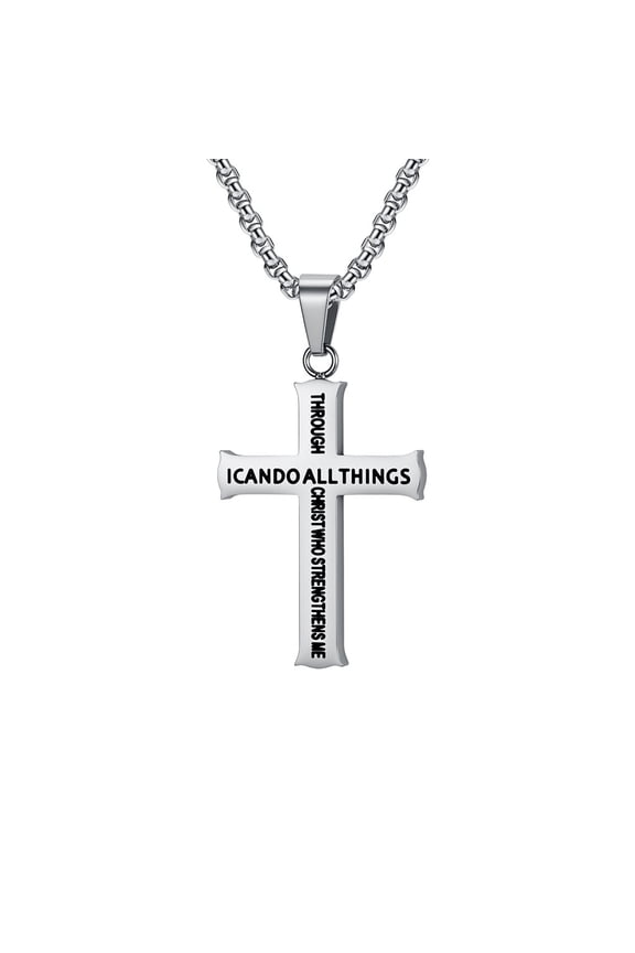 I Can Do Cross Pendant for Men Stainless Steel Inspirational Strength Declaration Necklace Silver no Chain