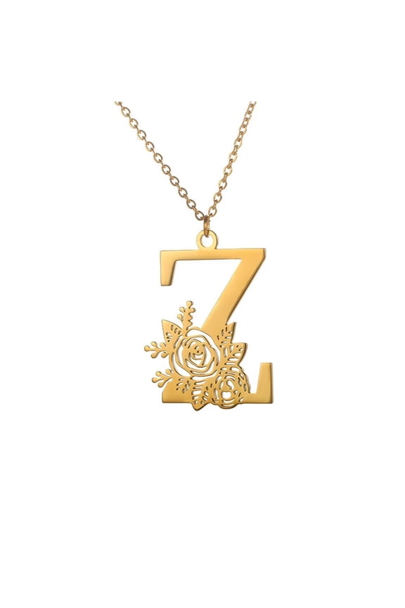 Initial Letters Necklace with Rose for Women Stainless Steel 26 Alphabet Pendant Charm with Chain Gold Plated Z