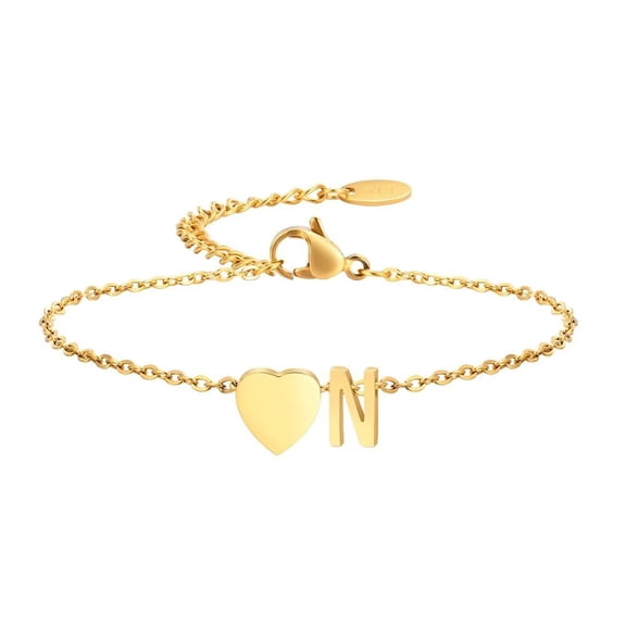 HIJONES Initial Love Heart Bracelet for Women Stainless Steel Adjustable Extender Chain Personalized 26 Letters A-Z Alphabet Jewelry N