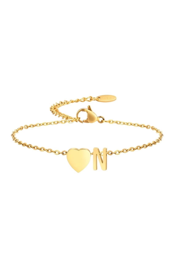 Initial Love Heart Bracelet for Women Stainless Steel Adjustable Extender Chain Personalized 26 Letters A-Z Alphabet Jewelry N