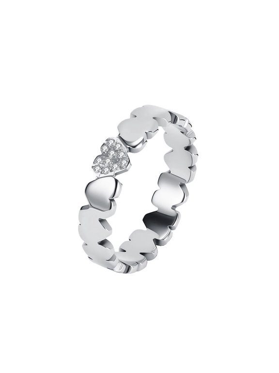Interlocked Heart Shaped Ring for Women Titanium Steel with Full Cubic Zirconia Inlaid Jewelry Silver Plated Color Size 7