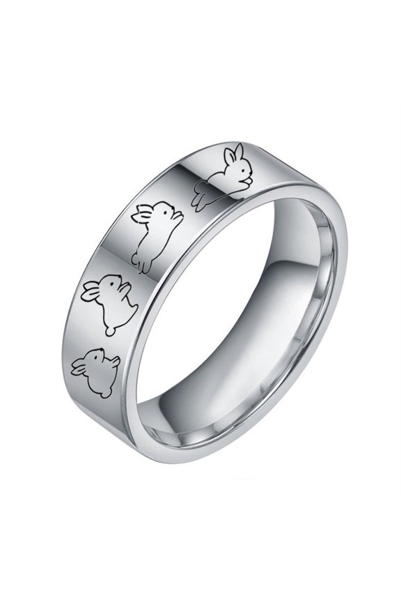 Men Stainless Steel Rabbit Engraved Band Ring Silver Size 10