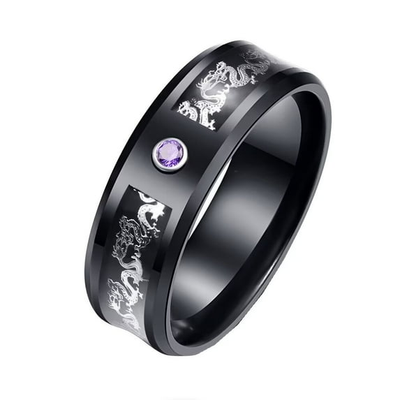 HIJONES Men Women's Carbon Fiber Dragon Ring Stainless Steel Retro Vintage Band Jewelry Purple Diamond Size 10