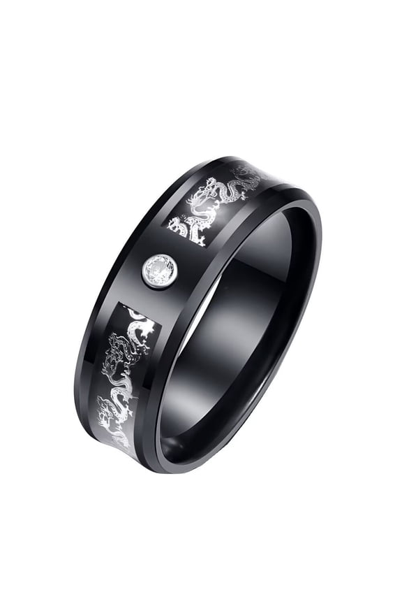 Men Women's Carbon Fiber Dragon Ring Stainless Steel Retro Vintage Band Jewelry White Diamond Size 10