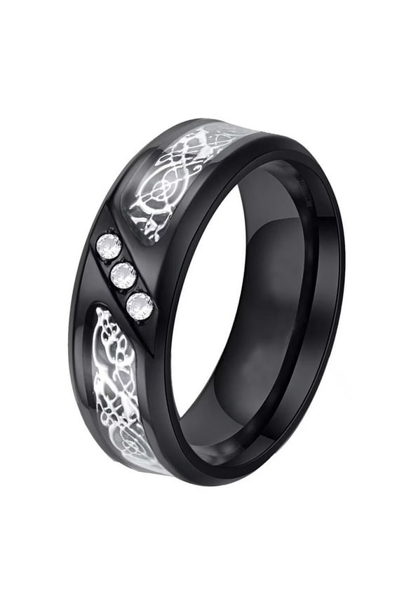 Men Women's Carbon Fiber Dragon Ring Stainless Steel Retro Vintage Diamond Band Jewelry White Diamond Silver Dragon Size 11