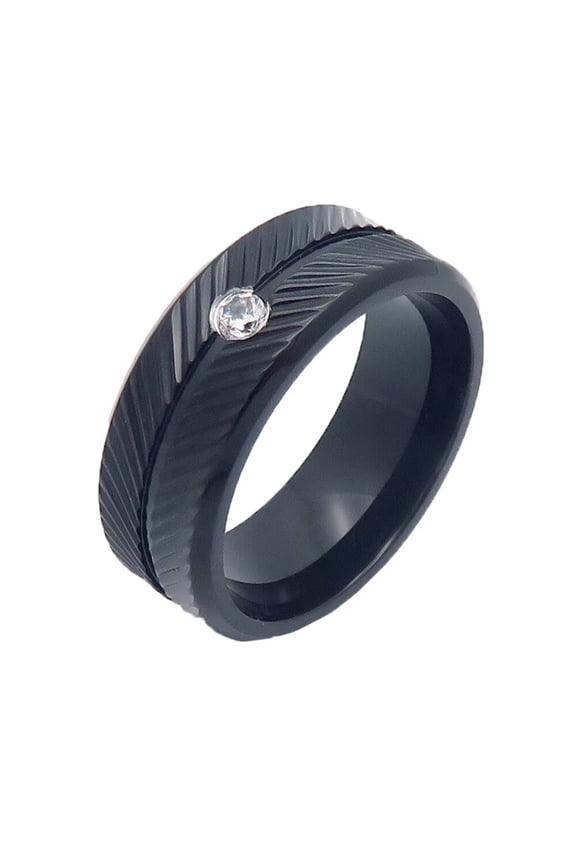Men Women's Feather Round Cubic Zirconia Ring Vintage Stainless Steel Personalized Hip Hop Ring Band Finger Jewelry Black Size 12