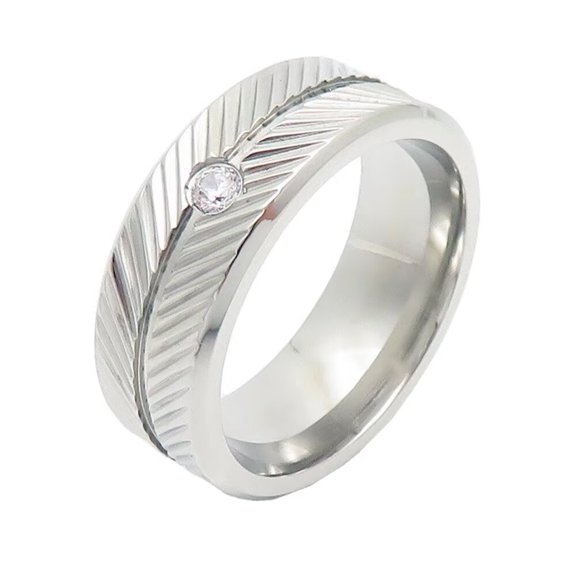 HIJONES Men Women's Feather Round Cubic Zirconia Ring Vintage Stainless Steel Personalized Hip Hop Ring Band Finger Jewelry Silver Size 10