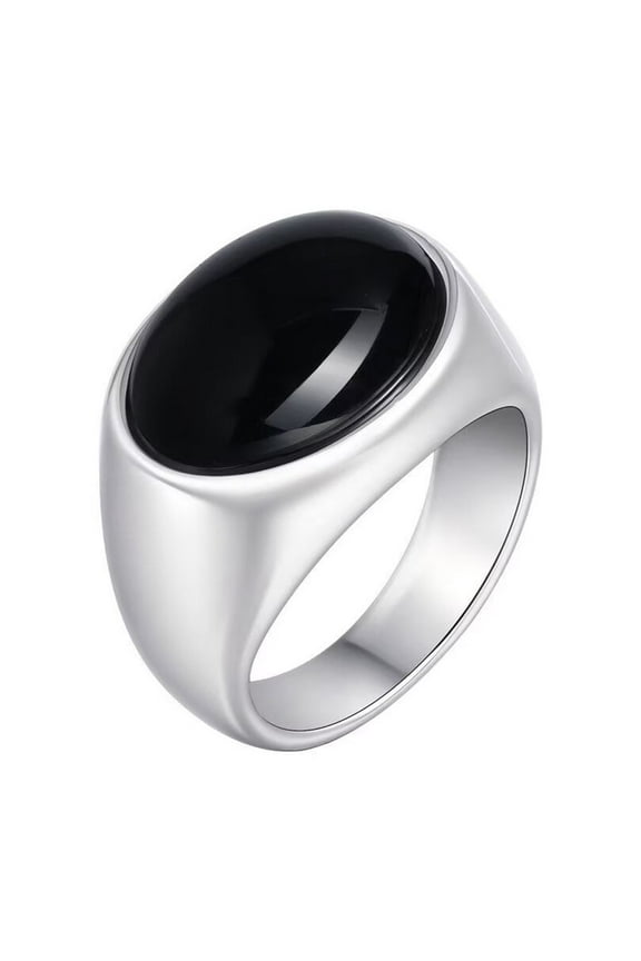 Men Women's Inlaid Oval Stone Ring Band Stainless Steel Personalized Classic Gemstone Jewelry Black Size 10