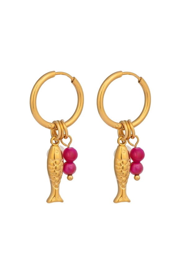 Men Women's Koi Fish Red Ball Hoop Earrings Personalized Stainless Steel Ear Ornament Jewelry Gold