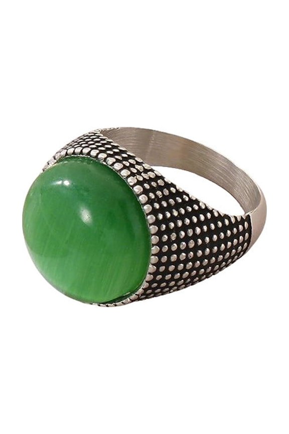 Men Women's Large Gemstone Stainless Steel Punk Style Ring Minimalist Personalized Vintage Band Jewelry Silver Dark Green Size 12