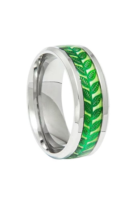 Men Women's Luminous Nature Leaf Ring Retro Vintage Stainless Steel Band Ring Silver Green Size 12