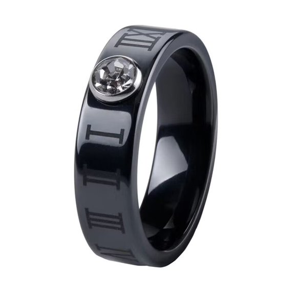 HIJONES Men Women's Roman Numeral Cubic Zirconia Ceramic Ring Vintage Personalized Number Hip Hop Ring Band Finger Jewelry Black Size 7